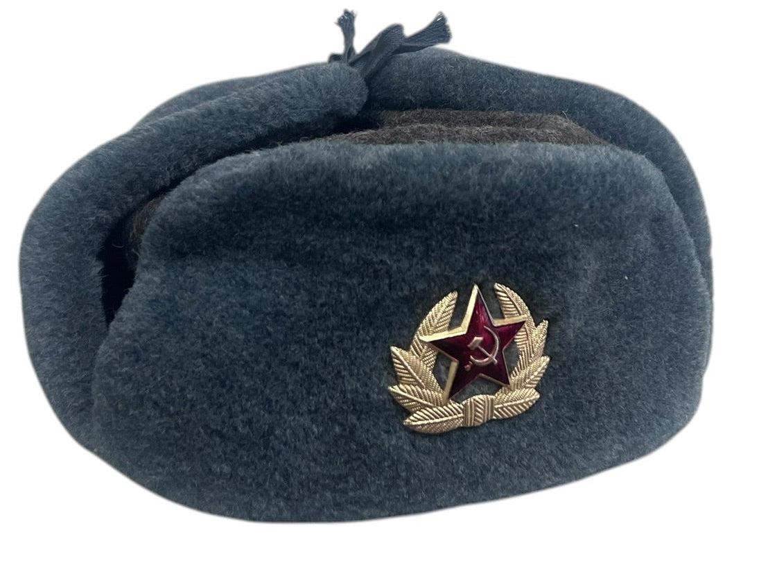 Soviet Russian USSR Ushanka Fur Winter Hat With Badge